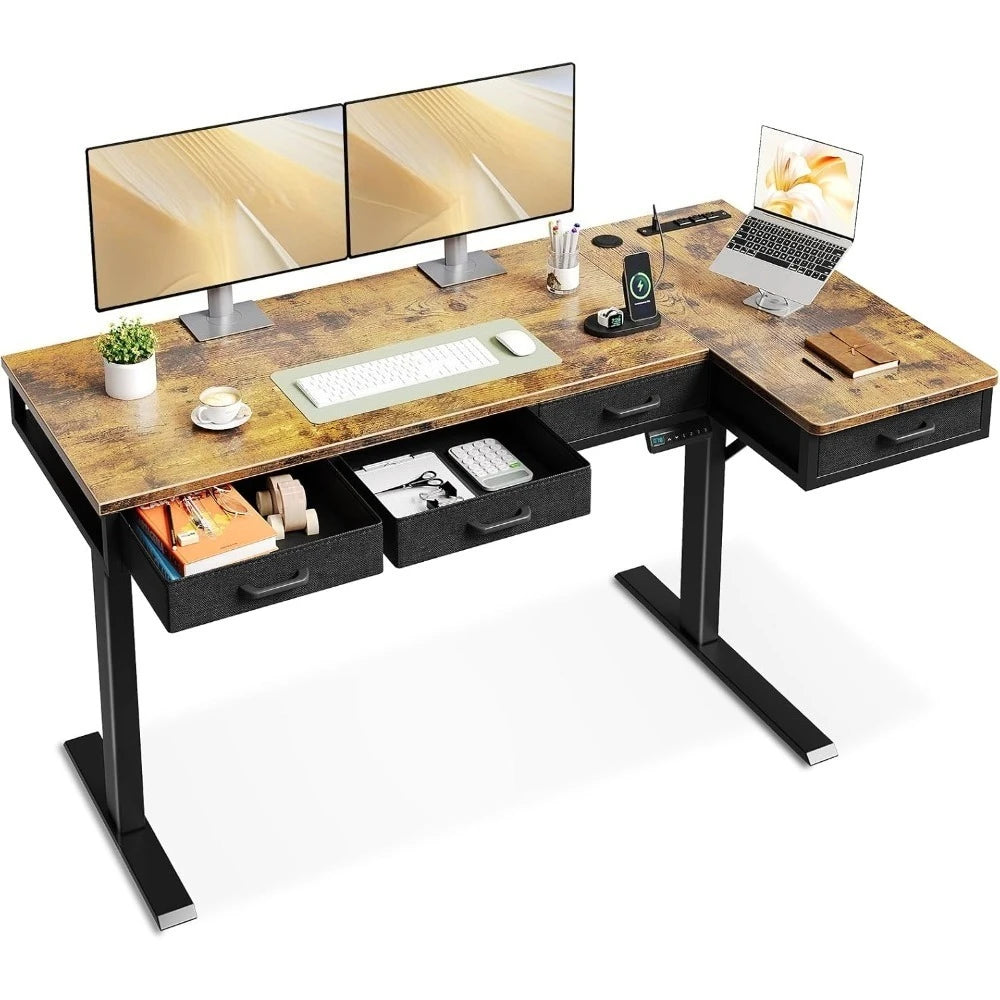 L Shaped Electric Standing Desk with Drawers Height Adjustable Large Desk with Power Outlets Sit Stand Table,