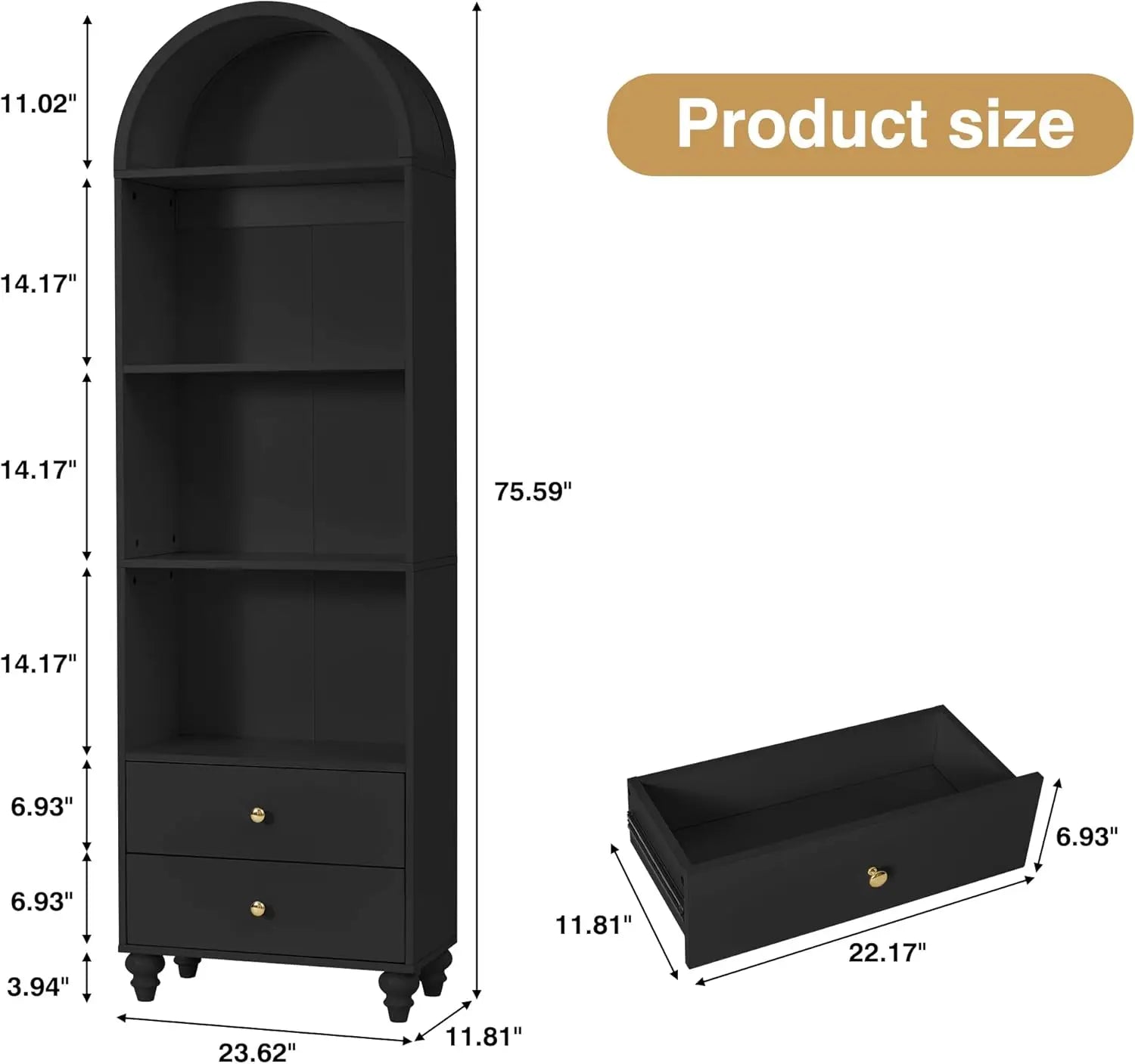 75.59’’ Tall Bookcase 4 Tier Arched Bookshelf with 2 Drawers Modern Book Display Storage Cabinet for Living Room Bedroom