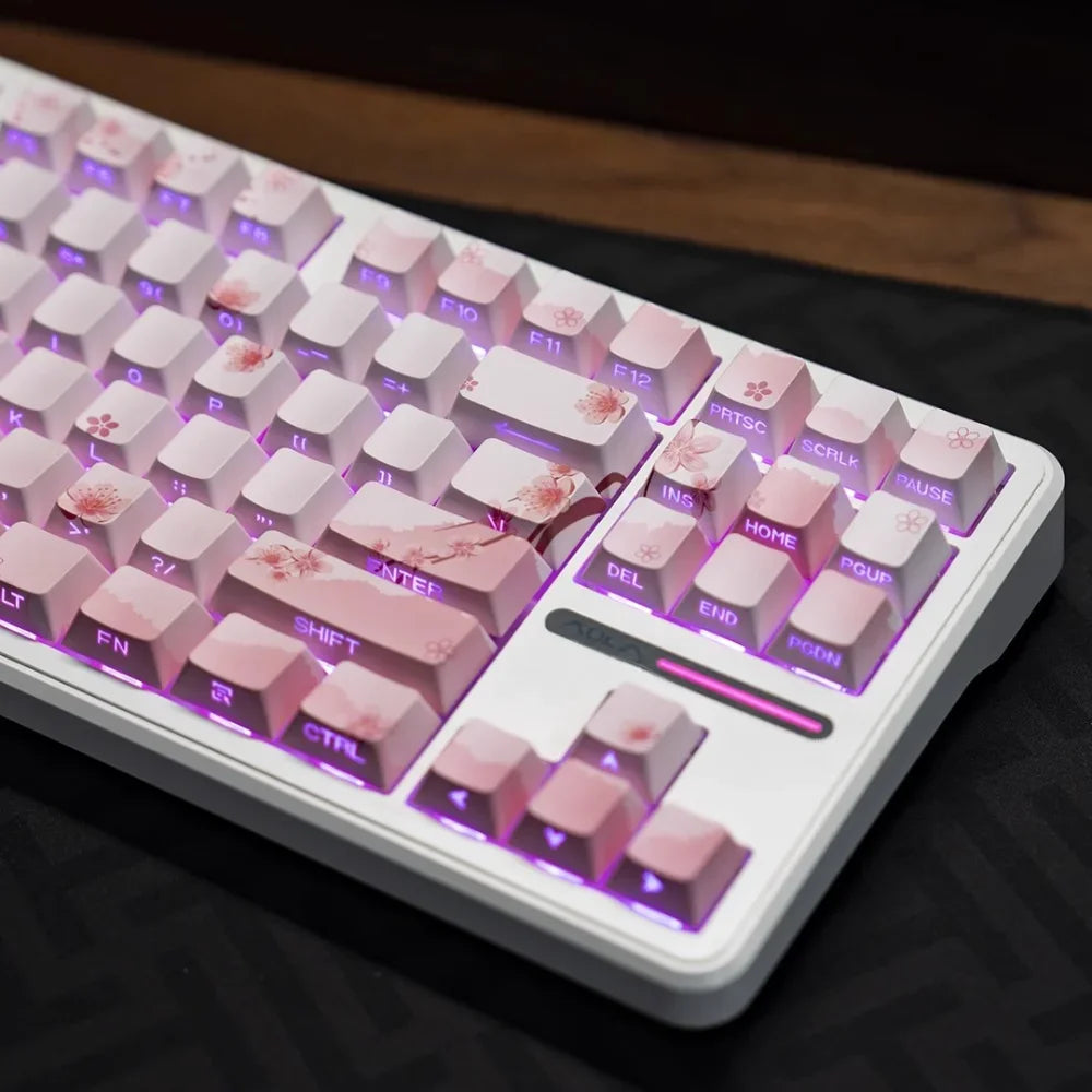 Pink Cherry Blossom Keycap with Side Engraved Translucent PBT 127 Keys Compatible with MX Mechanical Keyboard 61 75 86