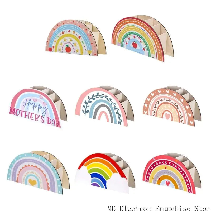 Rainbow Pen Cup Decorative Desktop Pencil Cup 5 Compartment Pen Organizers for Children Student Adult