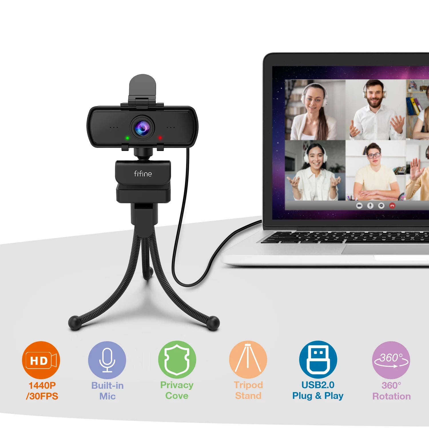 FIFINE 1440p Full HD PC Webcam with Microphone tripod for USB Desktop & Laptop,Live Streaming Webcam for Video