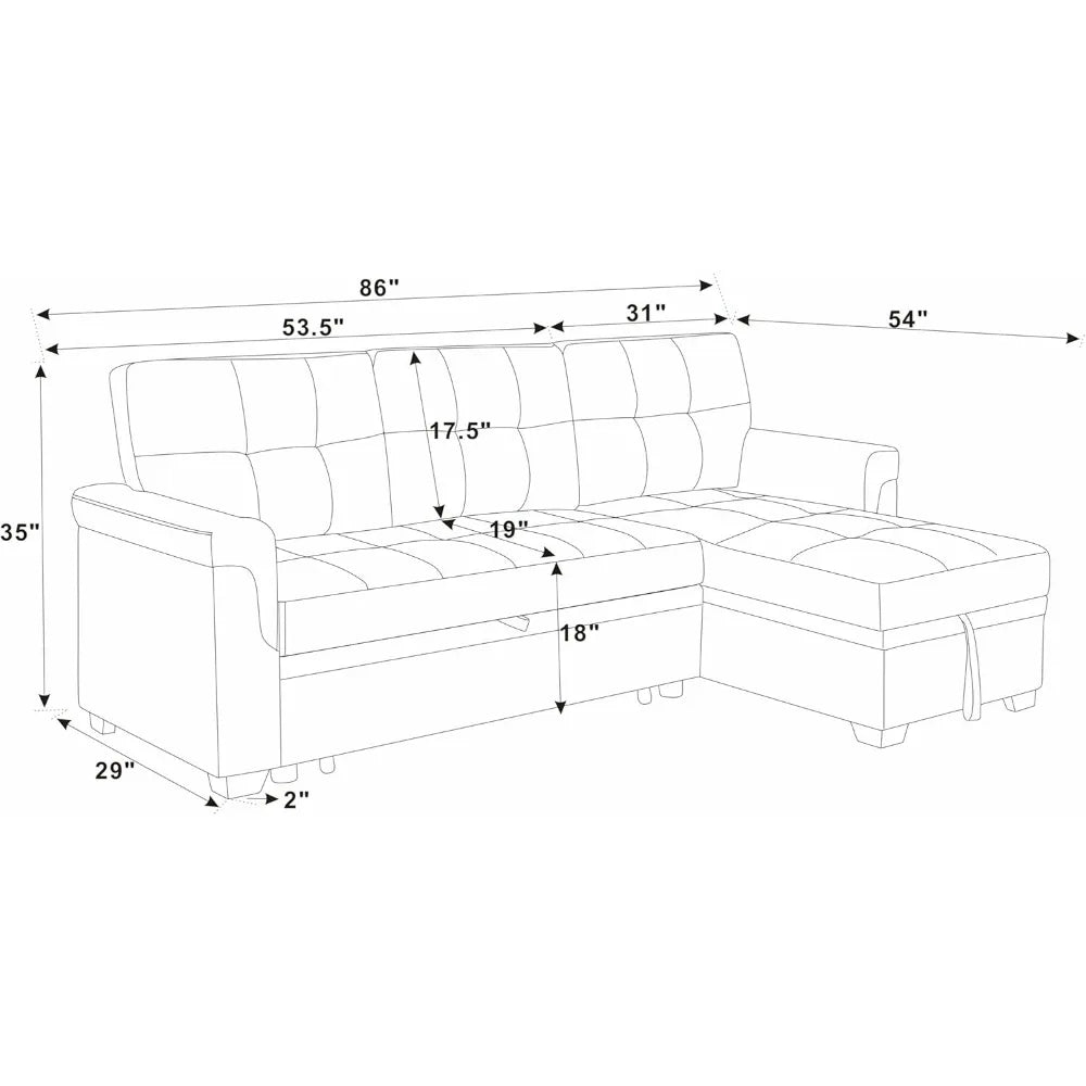 Gray Modern L-Shaped Sectional Sofa with Reversible Chaise Storage and Pull-Out Sleeper Bed for Living Rooms