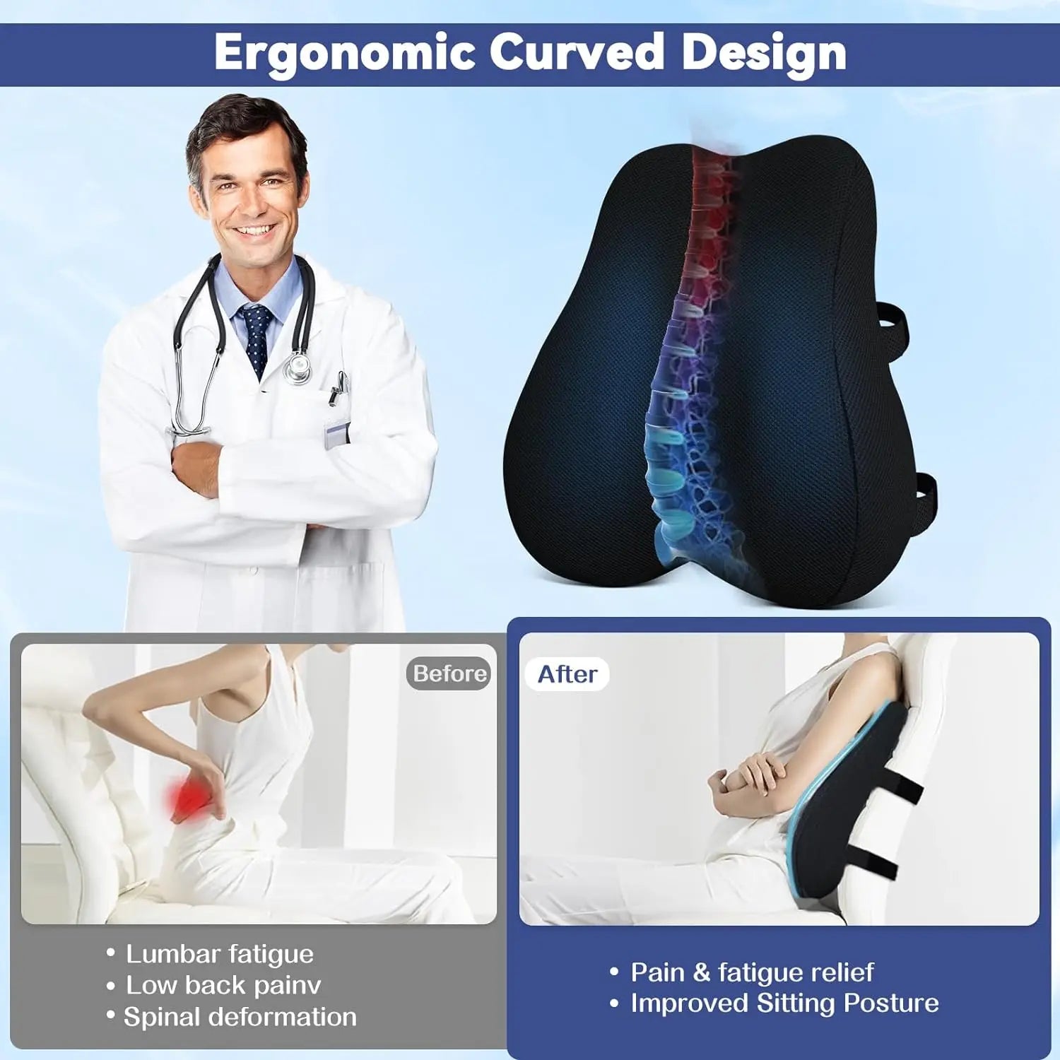 Lumbar Pillow for Office Chair Back Cushion with Removable Cover Cooling Memory Foam Pillow Back Pain Relief