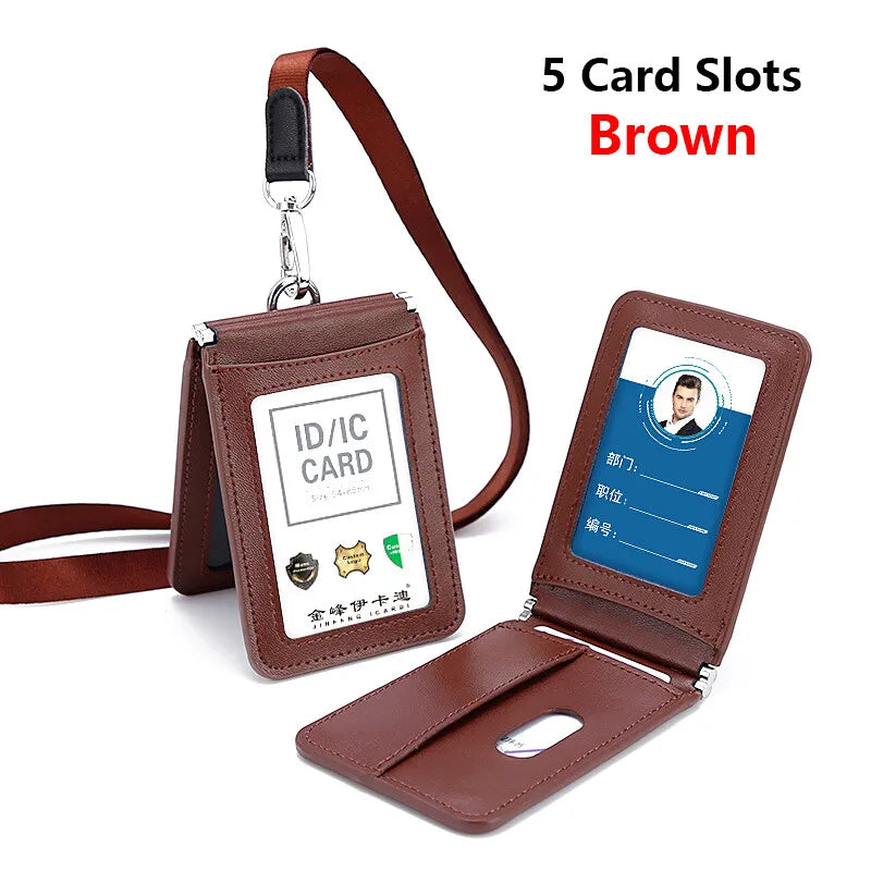 Top Grade Genuine Leather ID Badge Holder Business Cards Holders with Neck Lanyard Formal Staff Magnet Closed ID Card
