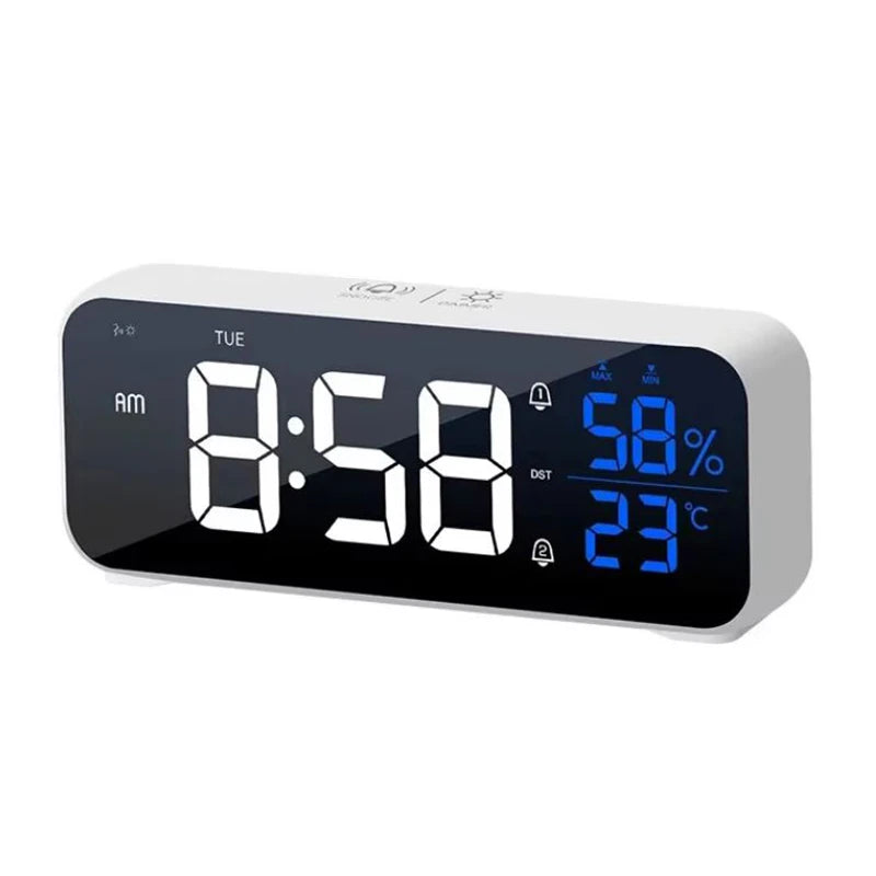 Digital Alarm Clock Table Electronic Clock with Temperature Humidity Weekday & Dual Alarms Ringtones Rechargeable