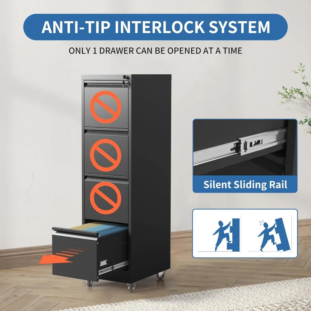 4 Drawer Mobile File Cabinet Metal Filing Cabinet with Lock and Wheels Home Office Rolling File Cabinets