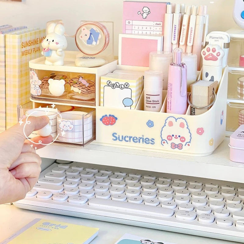 2024 New Desktop Storage Box Organizer Cute Bear Handle Drawer Type Desk Organizer Multi-grid Pen Holder with Kawaii