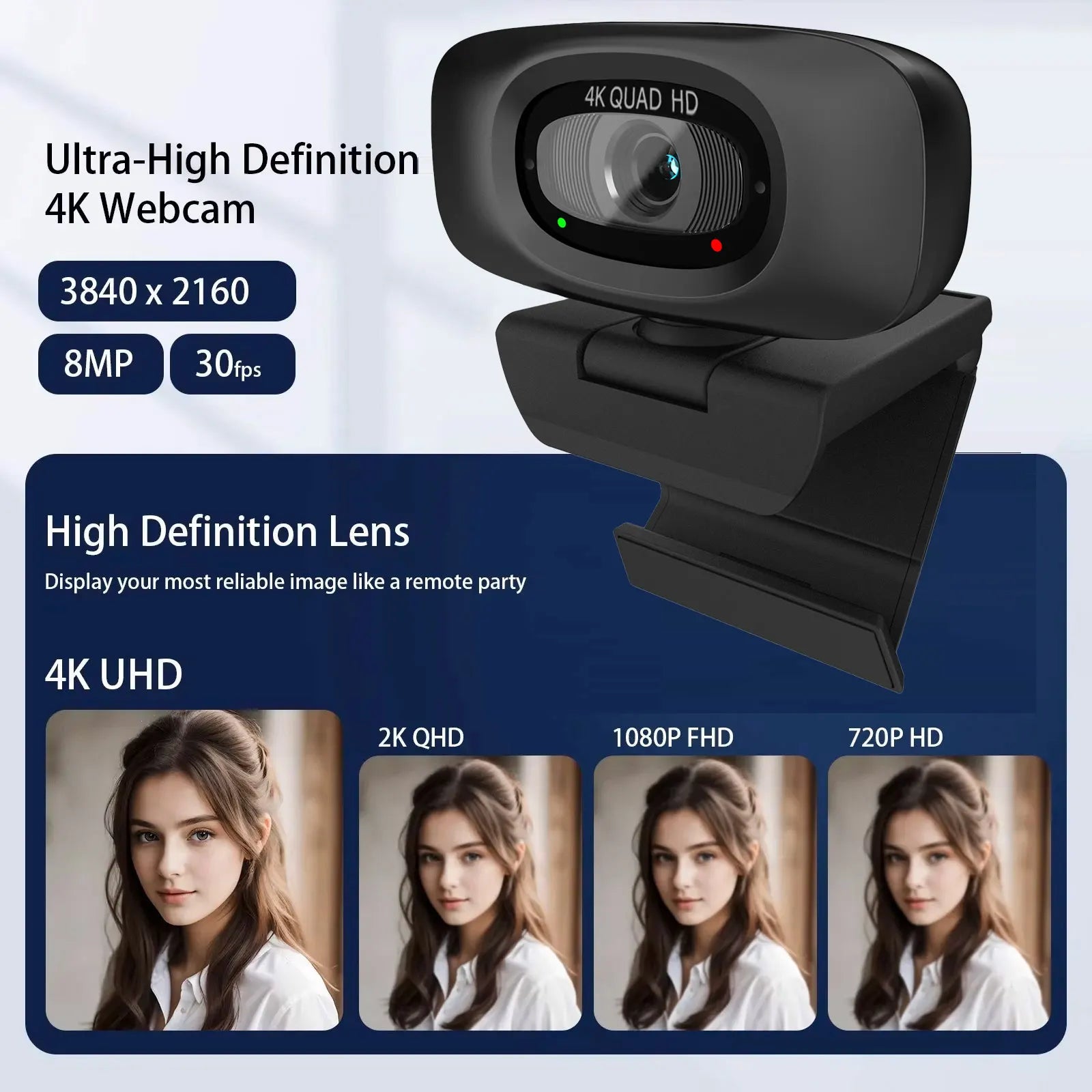 EXHQDR 4K USB Webcam with Autofocus 8MP30fps Slide Privacy Cover Mic Tripod Type-C for Zoom Streaming Video Call PC/Mac