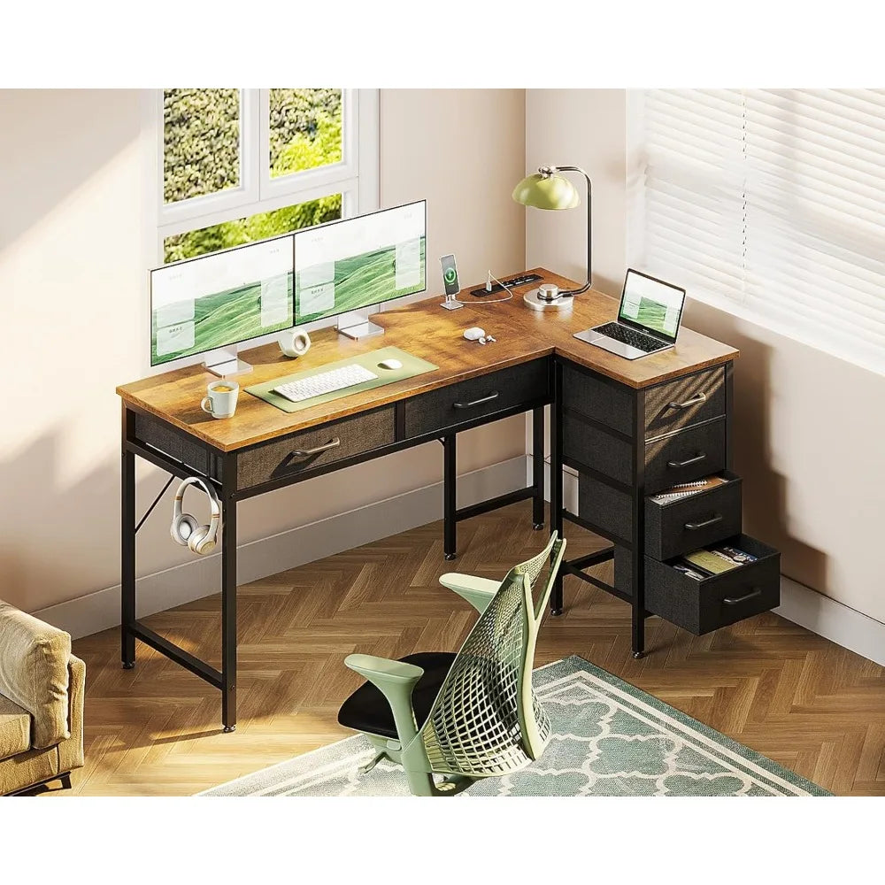 Kids Study Desk: 50 Inch L-Shaped Home Office Desk with 6 Drawers and Power Outlets