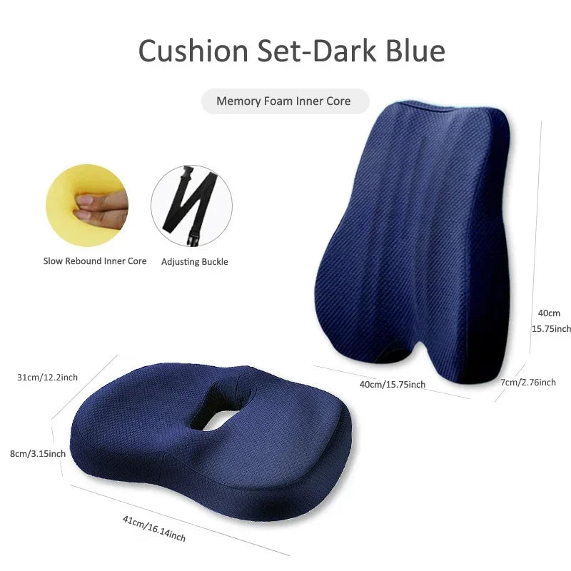 Memory Foam Seat Cushion Waist Back Support Pillow Set Orthopedic Ergonomic Coccyx Relief Hip Lumbar Pad for Office