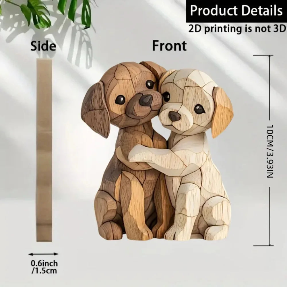 Wooden Kitten Dog Couple Sculpture 2D Flat Cat Rabbit Gift Light Dark Wood Grain Desktop Entrance Home Decor Decorative
