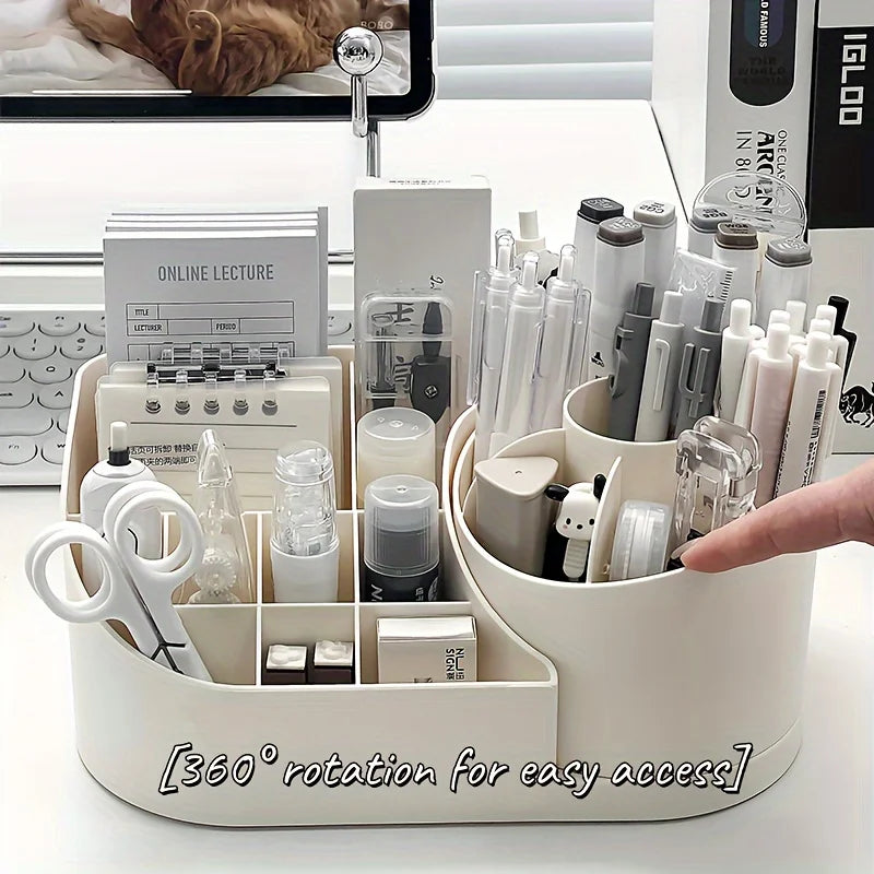 1pc Multi-Functional 2-in-1 Desk Organizer with 360-Degree Rotating Pen Holder Large Capacity Plastic Storage Caddy