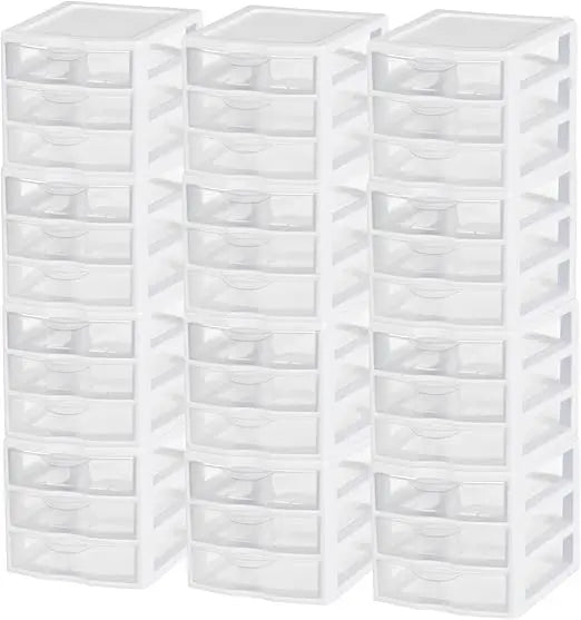 12-Pack ClearView 3-Drawer Cart Small Plastic Storage Organizer Drawers White - Organizing Drawer Containers for Bat