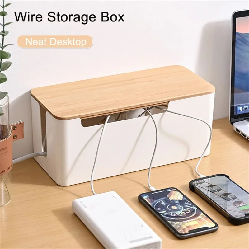 Wire Organizer Box Power Plug Board with Wooden Lid Plastic Wire Boxes Socket Data Cable Junction Box Desktop Storage