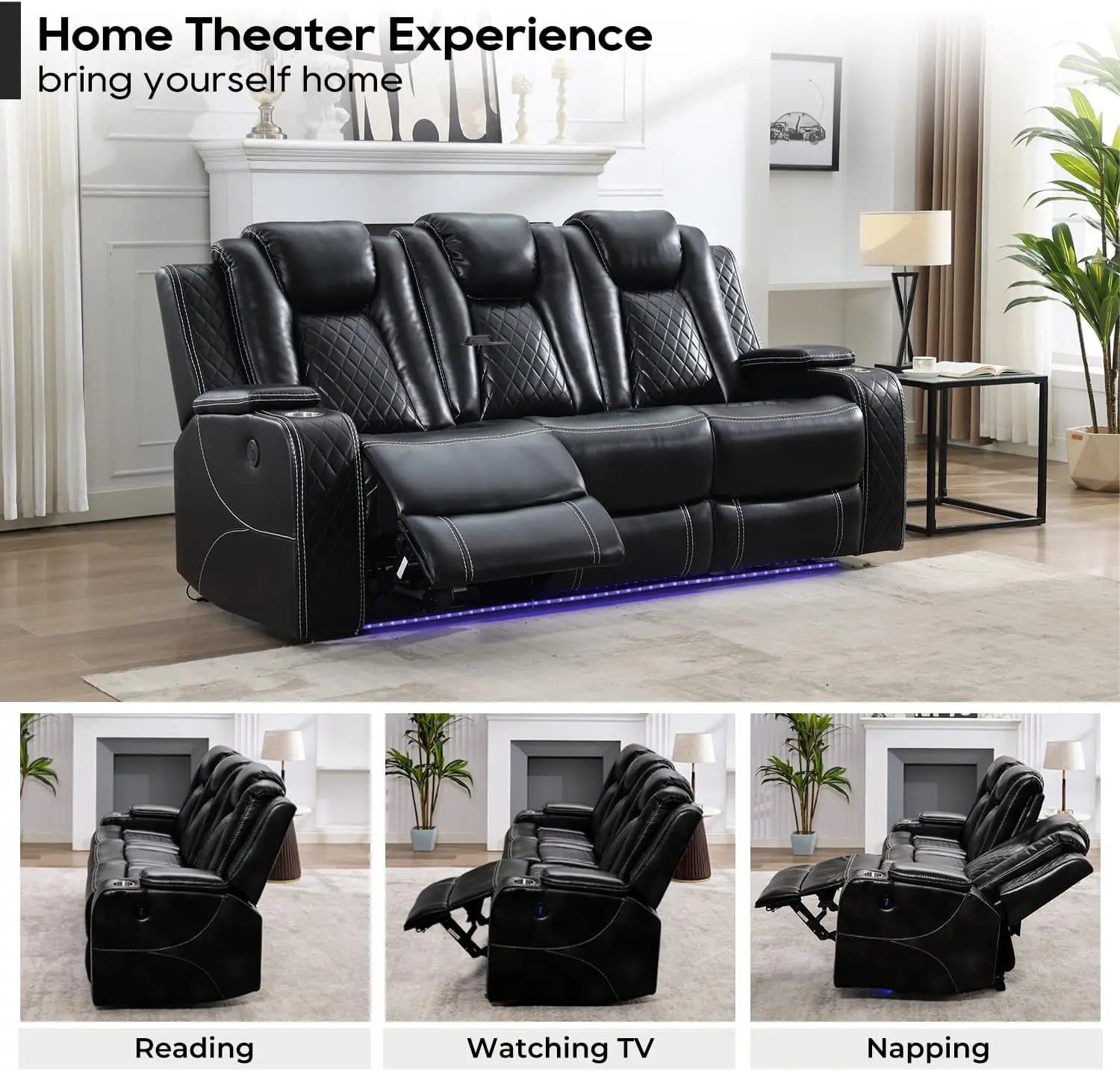 TODRANI Power Reclining Sofa Gravity w/ Wireless Charger,LED Floor Lights,Reading Light Drop-down Table USB/Type-C