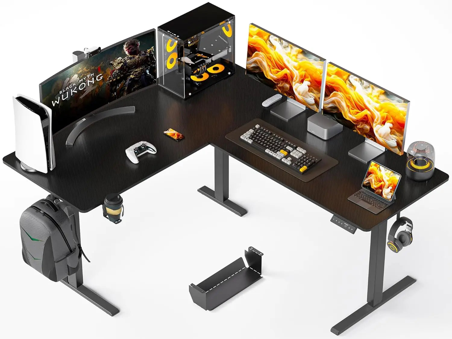 63X55 Inches Reversible L Shaped Standing Desk Height Adjustable with Cup Holder Electric Corner Computer Desk Sit