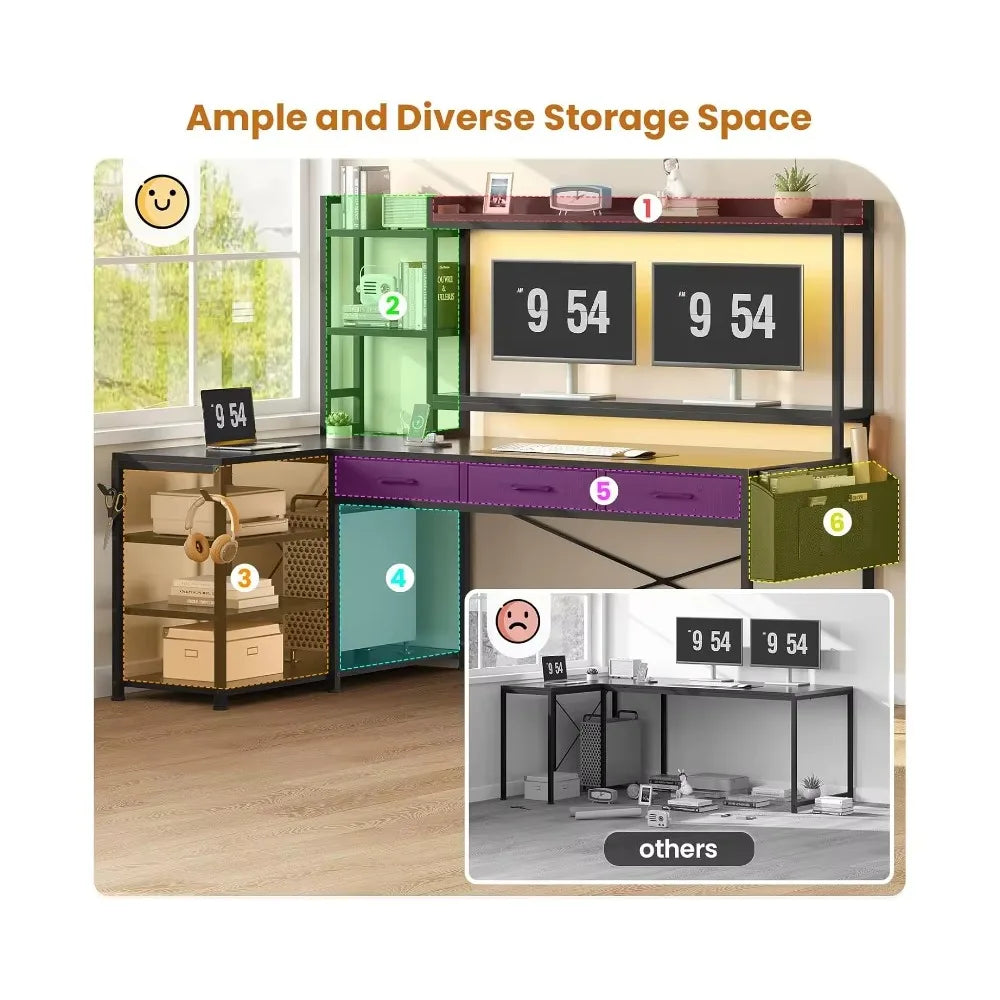 55-inch L-shaped gaming desk with bookshelves and drawers corner computer desk with shelves and storage space black.