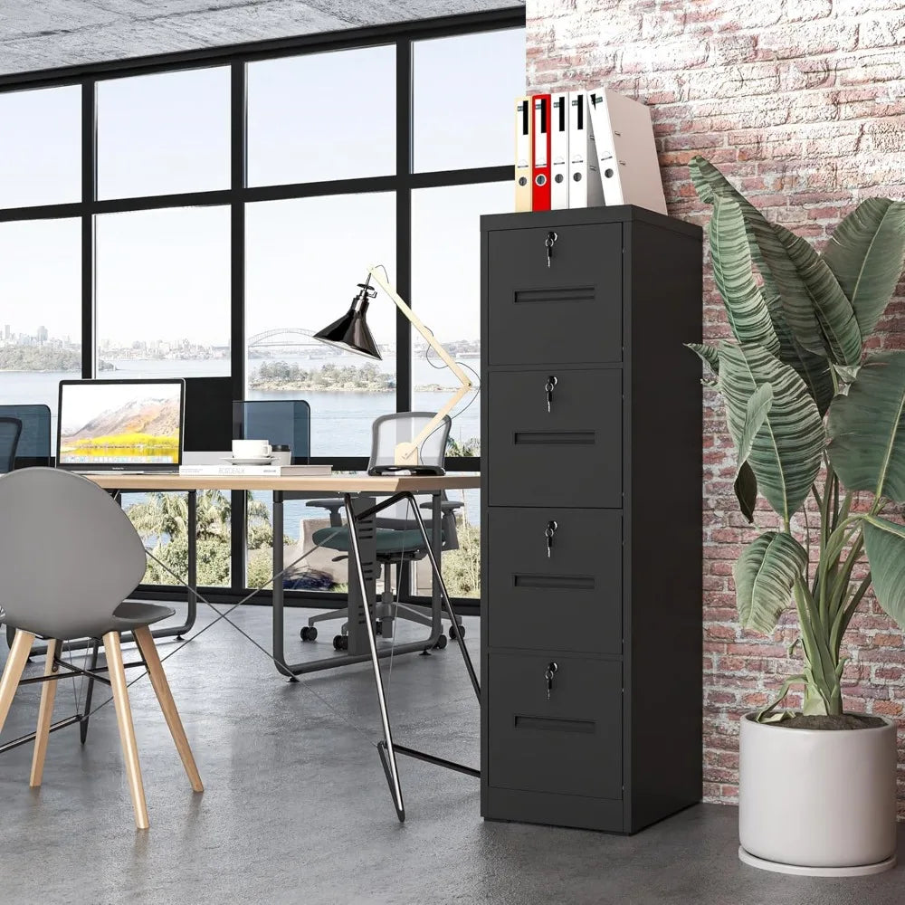 4 Drawer File Cabinet,Vertical Filing Cabinet with 4 Lockable Drawers,Black Metal File Cabinet for Home Office,Heavy
