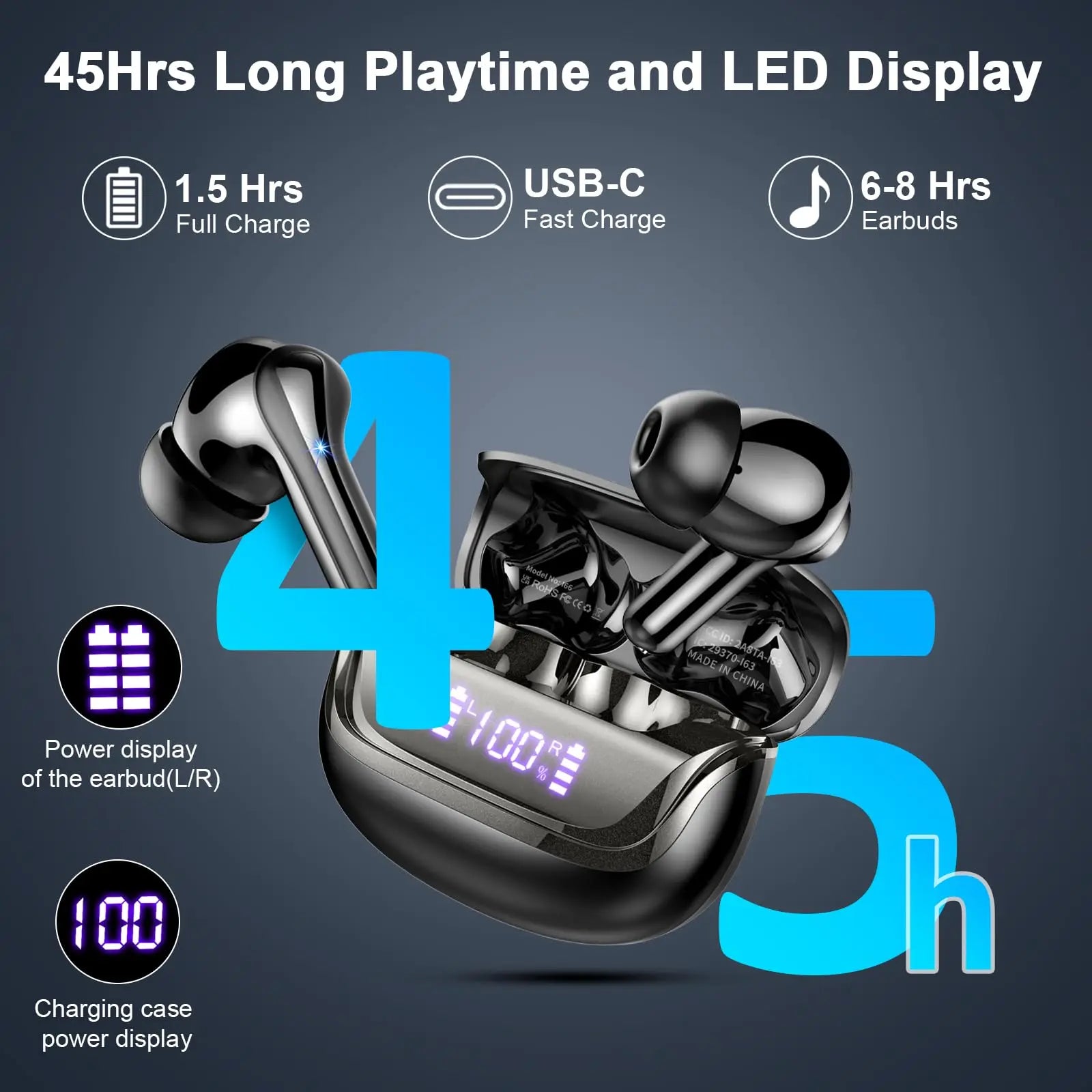 Wireless Earbuds Bluetooth 5.3 Earbuds Stereo Bass iNoise Cancelling Mic Earphones IPX7 Waterproof Sports 35H Playback.