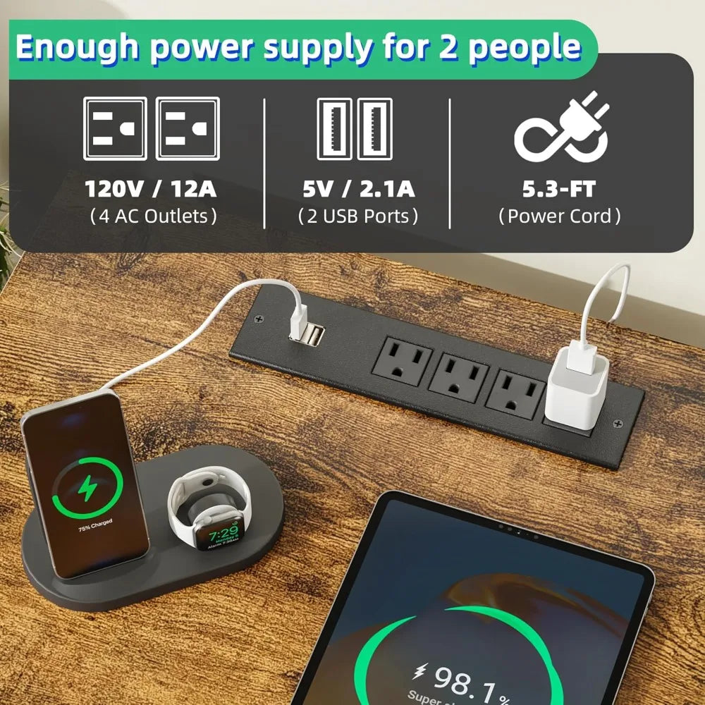 Two Person Desk with Charging Station Long Desk with 3 Fabric Drawers and Printer Shelf Double Computer Desk for 2