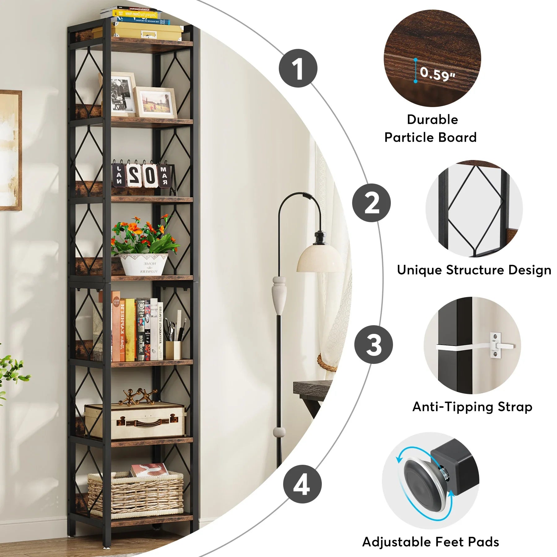 Tribesigns 78.7 Inch Extra Tall Narrow Bookshelf 7 Tier Skinny Bookcase for Small Spaces Freestanding Display Shelves