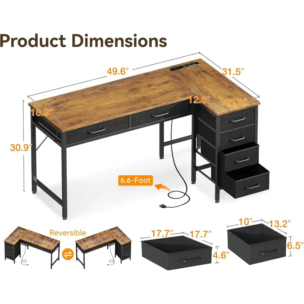 Kids Study Desk: 50 Inch L-Shaped Home Office Desk with 6 Drawers and Power Outlets