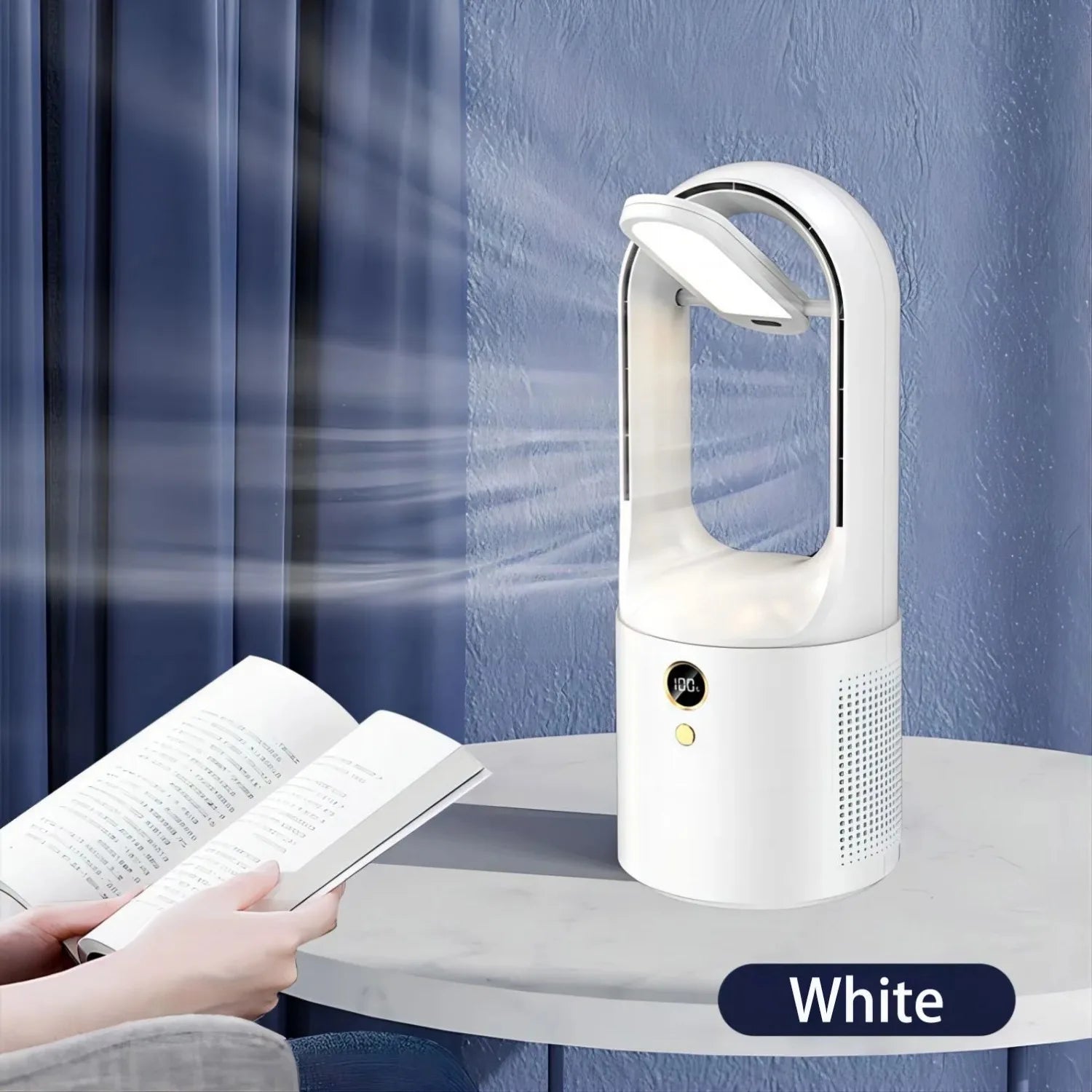 Desktop Portable Rechargeable Bladeless Fan with Foldable Desk Lamp - White with Lamp / United States
