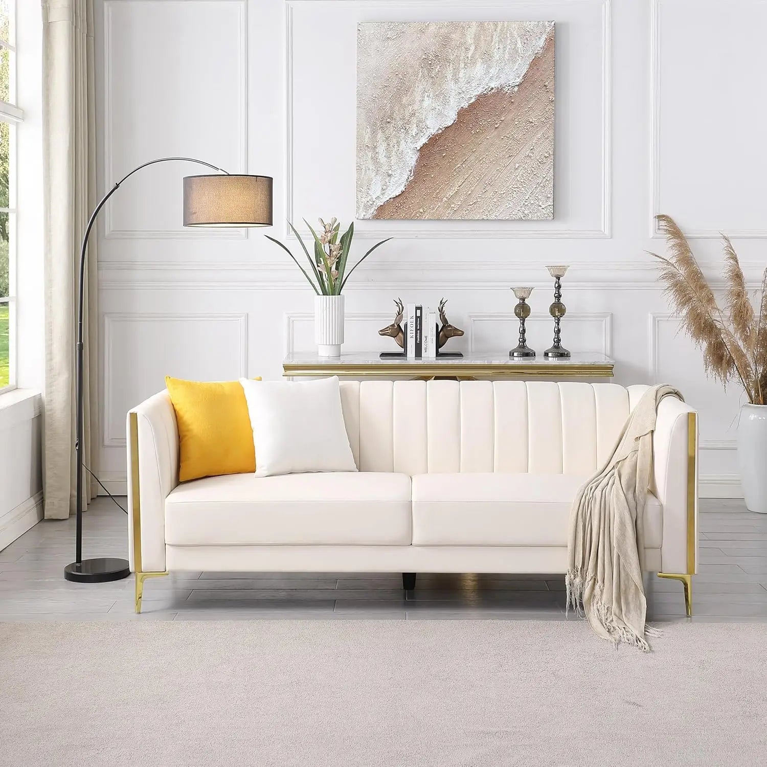 78’’ Sofa Modern White Couches for Living Room with 2 Throw Pillows Comfy Faux Leather Sofa 3 Seater Couch with Gold