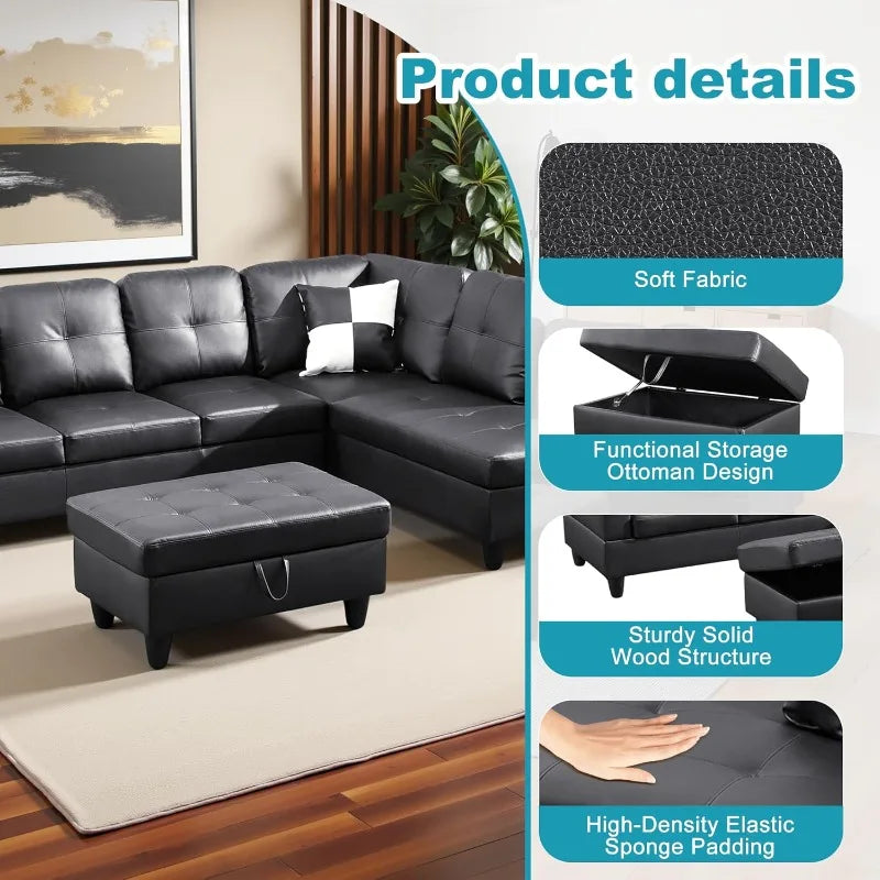 Modern L-Shaped Sectional with Ottoman Dark Grey Faux Leather Sofa for Apartments - balck / United States