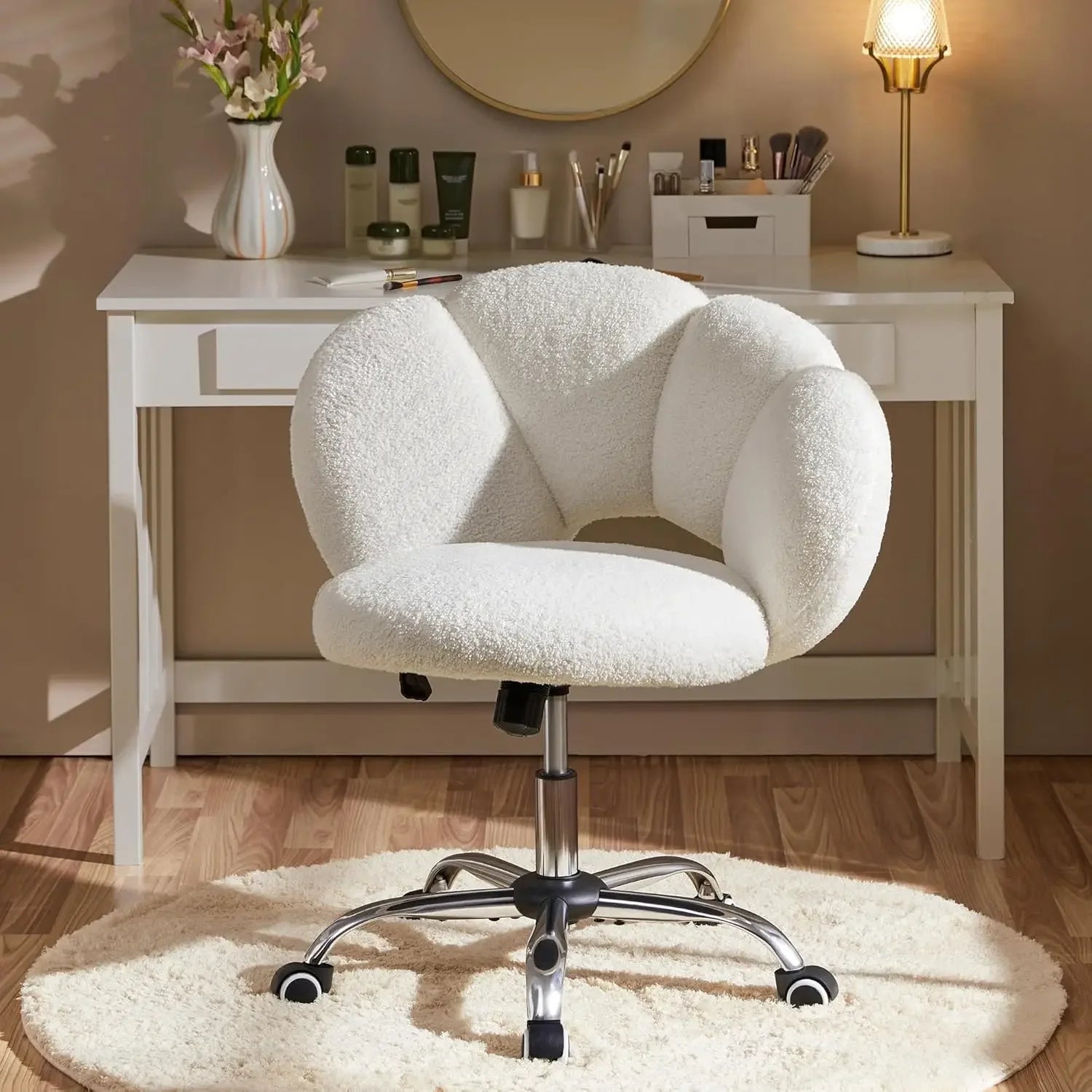 Boucle Upholstered Desk Chair Cloud-Shaped Vanity Adjustable Home Office Chair Computer with Rolling Wheels - United