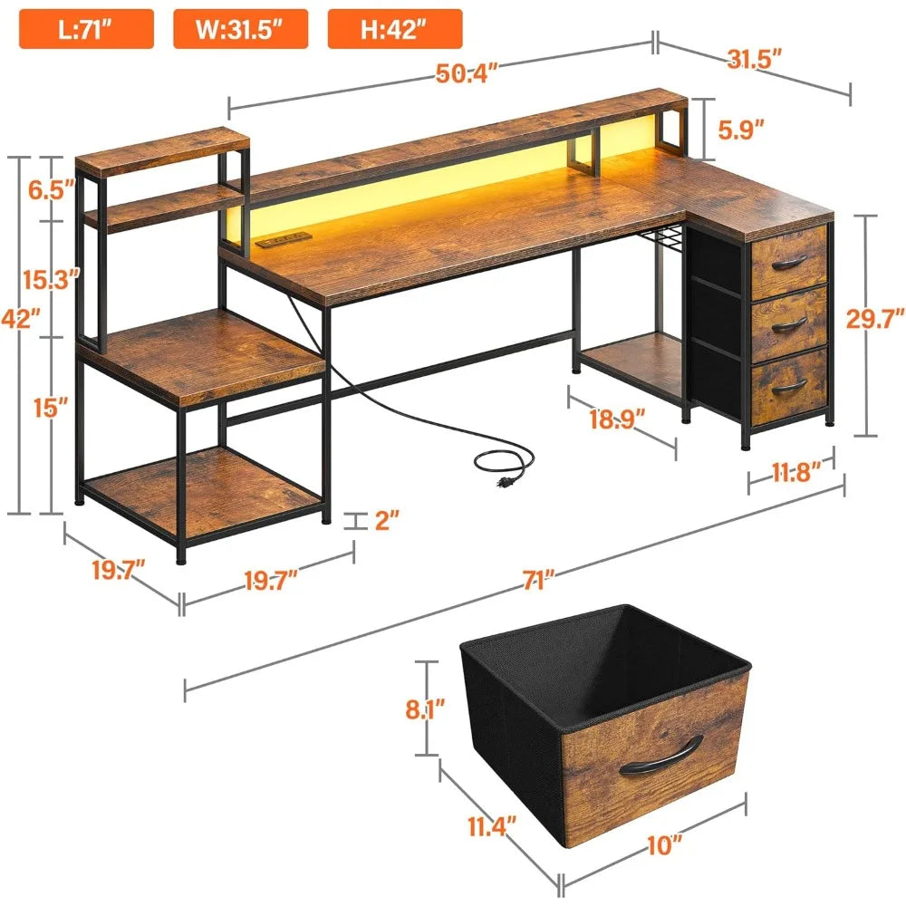 71’’ L Shaped Gaming Desk with LED Lights,Computer Desk with Drawers and Printer Shelf Power Outlet,Reversible Home