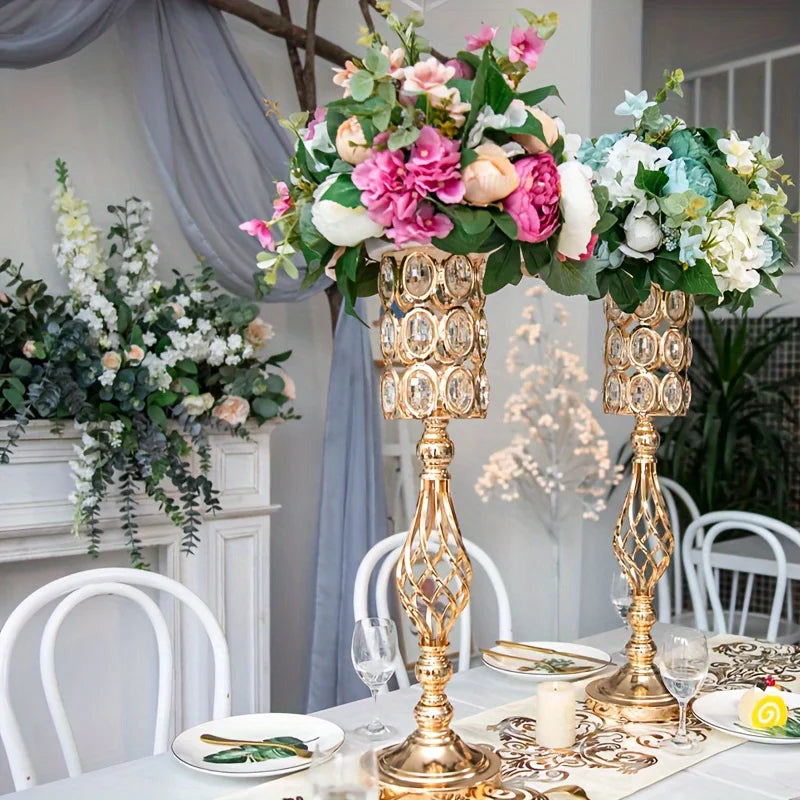 2/10 Piece Set Metal Diamond Crystal Vase 24 Inch Gold Multi-Purpose Tall Flower Stand Wedding Centerpiece Birthday