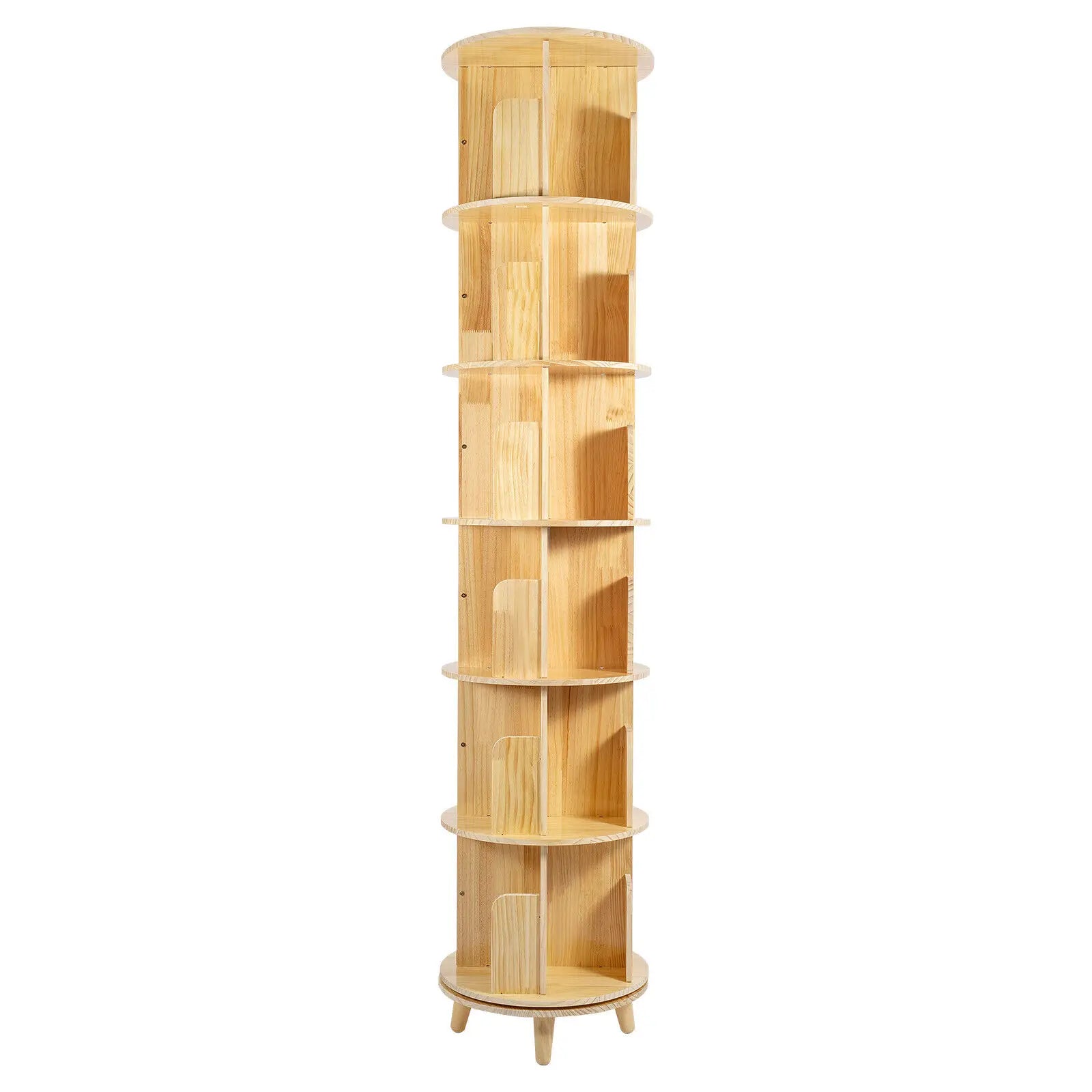 6-Tier 360° Rotating Bookshelf Pine Wood Storage Organizer for Kids Books Toys Home Decor - Wood / United States