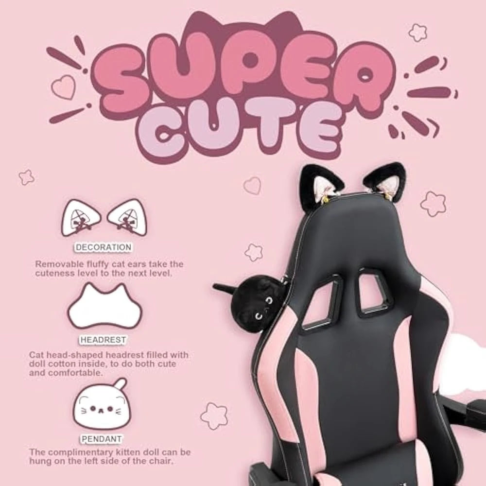 Gaming Chair Cute w/Cat Ears and Massage Lumbar Support 290lbs Ergonomic Computer Chair for Girl with Footrest