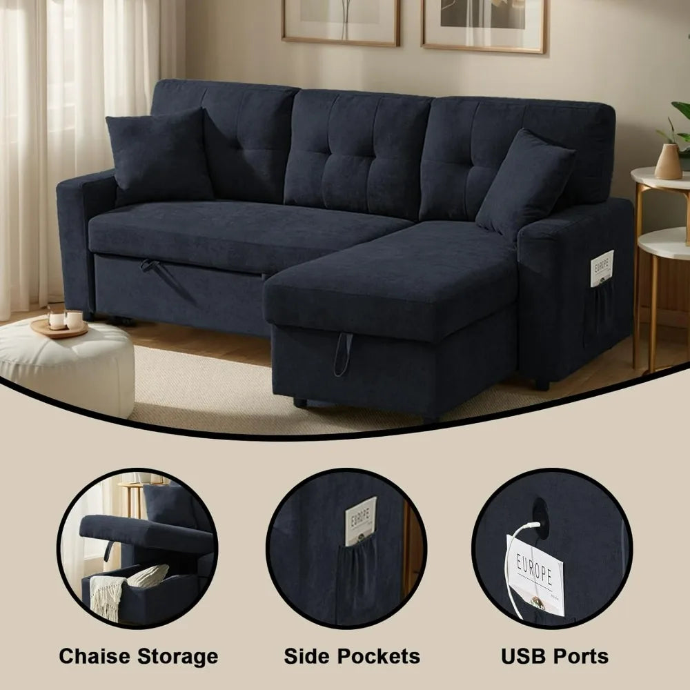 Modern L-Shaped Sofa Bed with Reversible Storage Chaise Black Convertible Sectional Sofa featuring USB Ports and 3-in-1