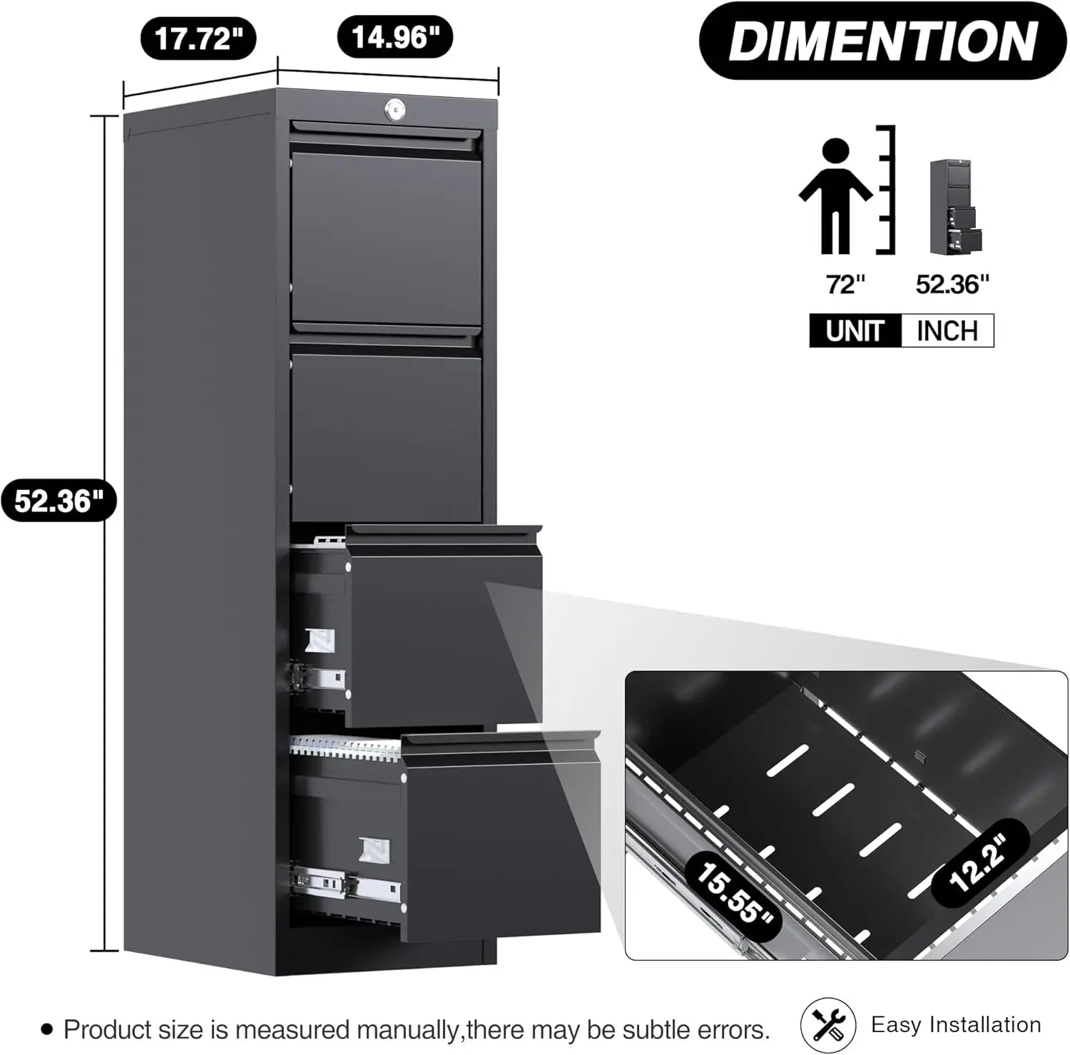 4 Drawer Filing Cabinet Metal Vertical File Cabinet 4 Drawers with Lock Locking Black File Cabinets for Home Office A4