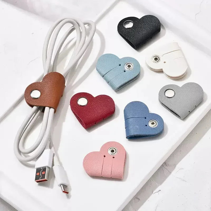 Multifunctional PU Leather Phone Data Cable Organizer Data Storage Heart-shaped Cable Clip Hub Wired Headphone Winding