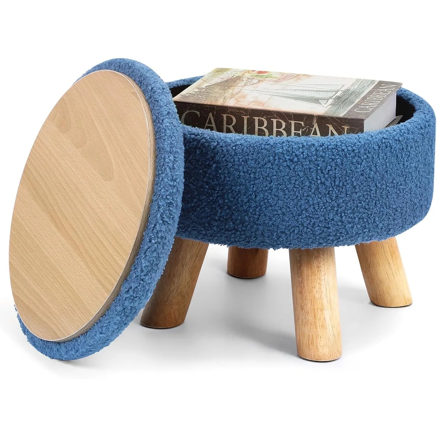 Nordic Boucle Ottoman Footstool with Storage | Round Velvet Pouf with Wooden Legs for Living Room Sofa Camel - United