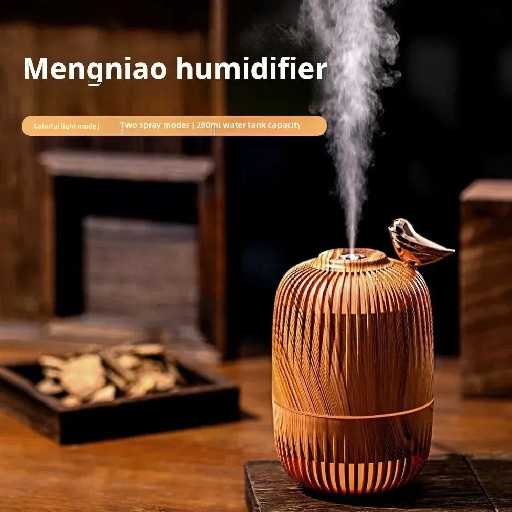 Mengniu Wood Grain Mini Ultrasonic Humidifier Office Home Use Dual Purpose Spray Moisturizer Atmosphere Light for Air