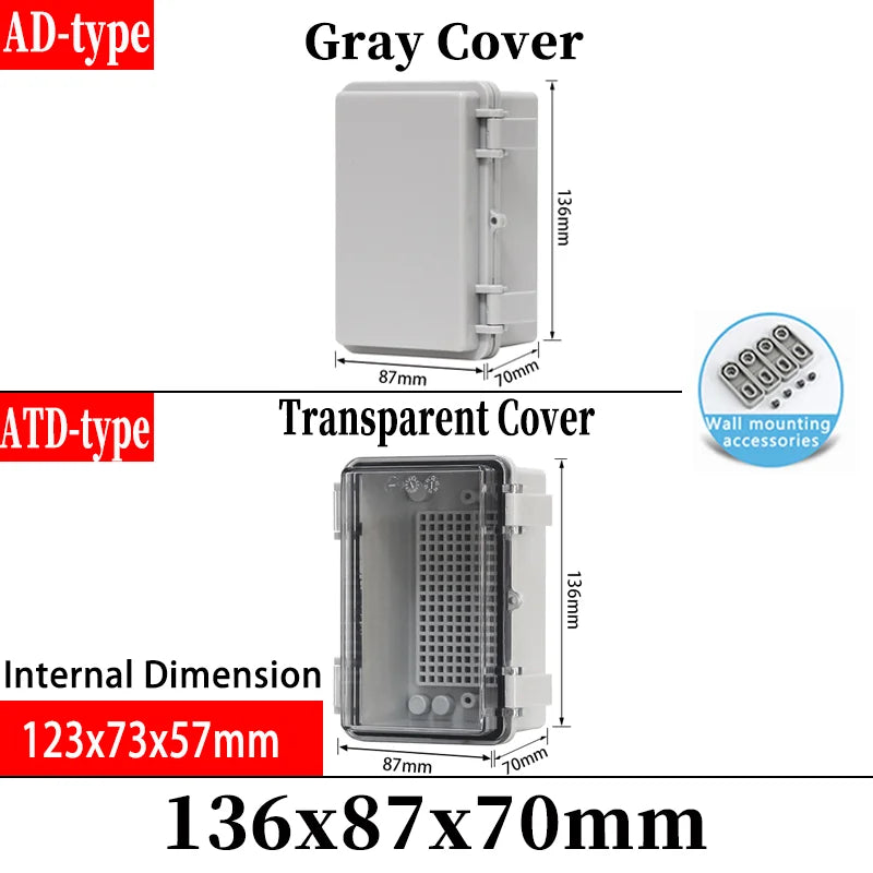 ABS plastic junction box AD type outdoor waterproof junction box - 136x87x70mm / Grey cover
