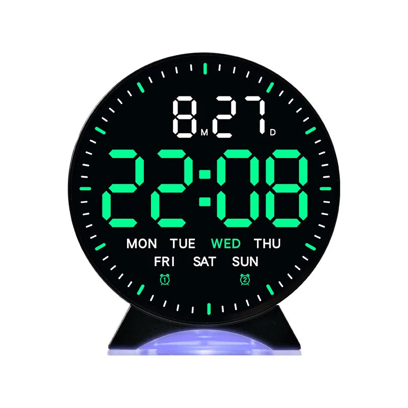 LED Digital Alarm Clock Week Date Second Hand Display Brightness Adjustable 2 Alarms Table Ambient Light 12/24H