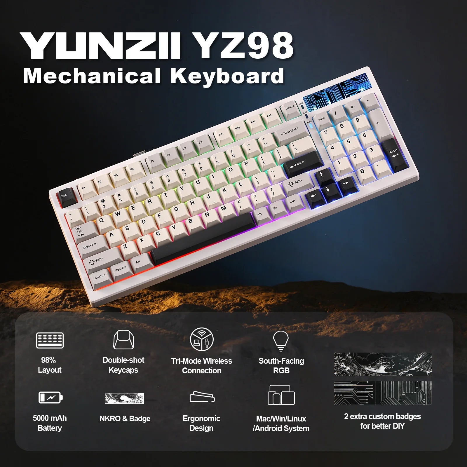YUNZII YZ98 White Full Size Mechanical Gaming Keyboard Vintage 99 Keys Hot Swap Gasket 98% Layout Wireless RGB Backlit