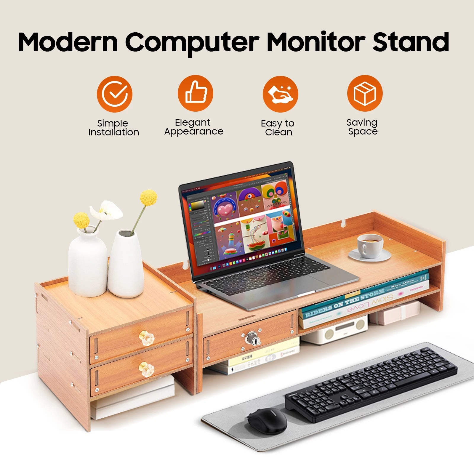 Wood MDF Computer Monitor Stand with Phone Holder 3 Drawers Raised Base Computer RackHeightened Guardrail Monitor Stand