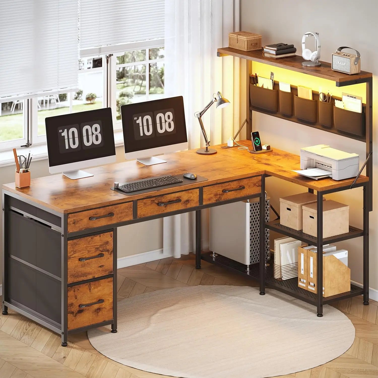 Corner Computer Desk Reversible L Shaped Computer Desk with Fabric Drawers and Power Outlet 47.2” Gaming Desk with LED