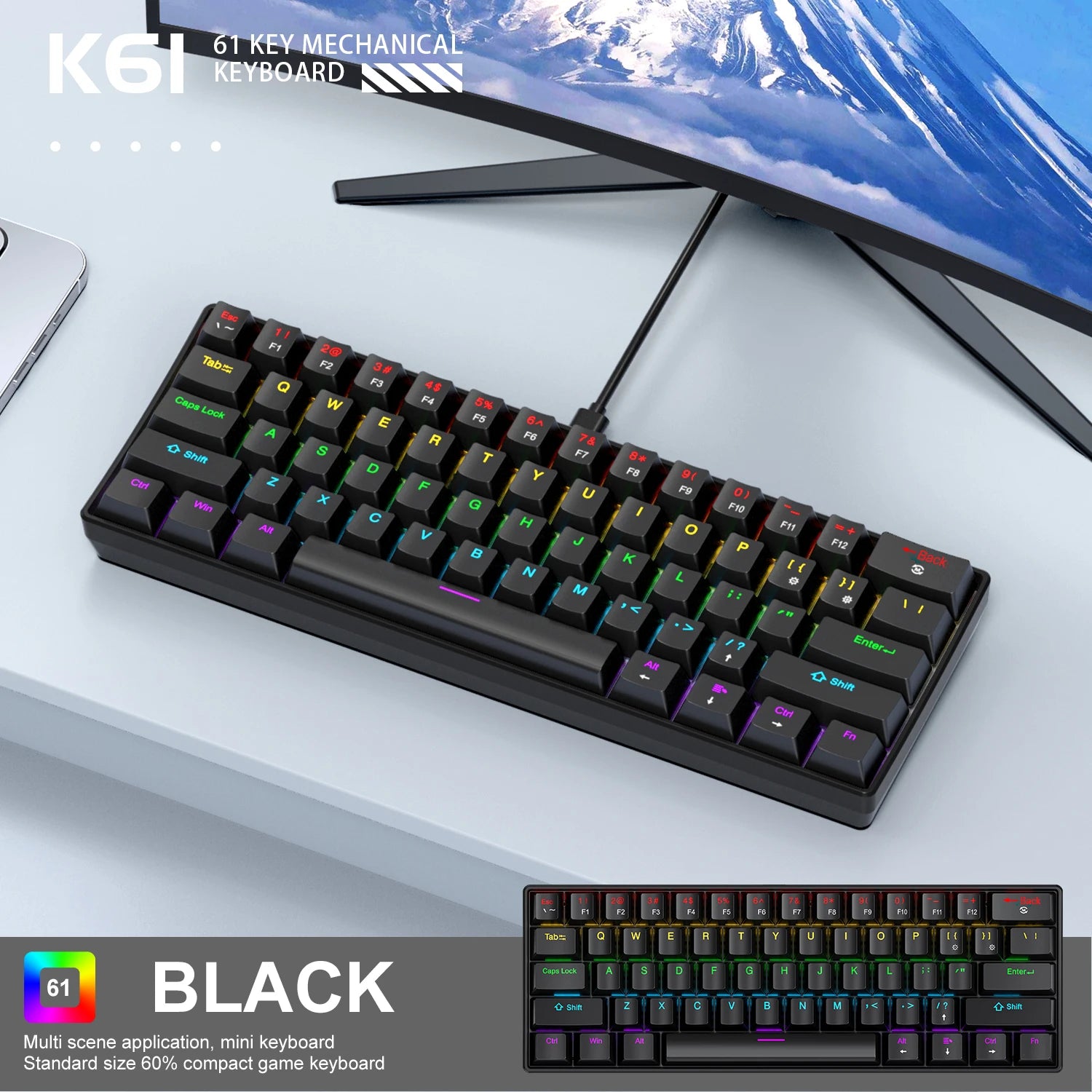 60% Mechanical Gaming Keyboard APAYADO K61 Wired 61 Keys RGB Backlit Red/Blue Switch Mini Black/White/Red for PC Laptop