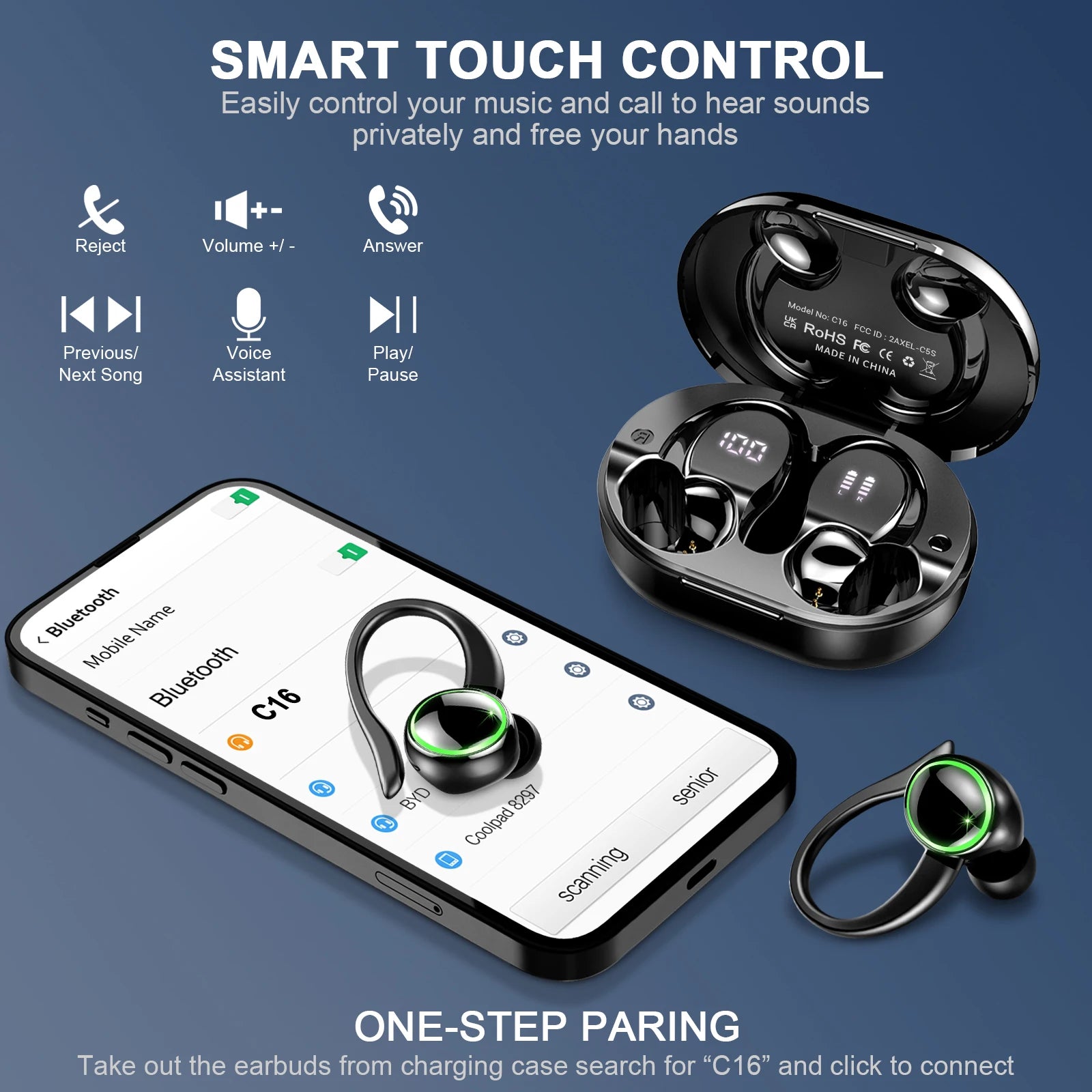 DRSAEC Wireless Earbuds Sports Bluetooth Headphones 5.3,4 ENC Noise Cancelling Mic IP7 Waterproof Headset 50H Playback.