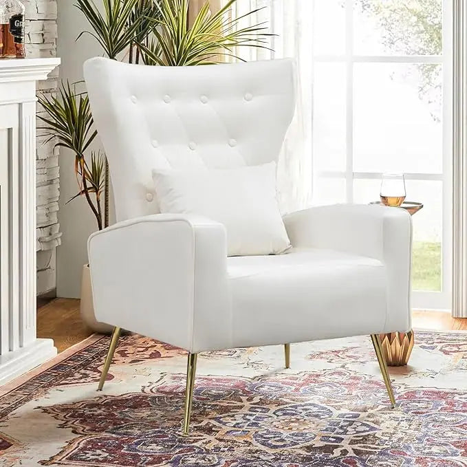 Velvet Accent Arm Chair Mid-Century Modern Living Room Chair Wingback Bedroom Side Chair with Gold Legs & Pillow