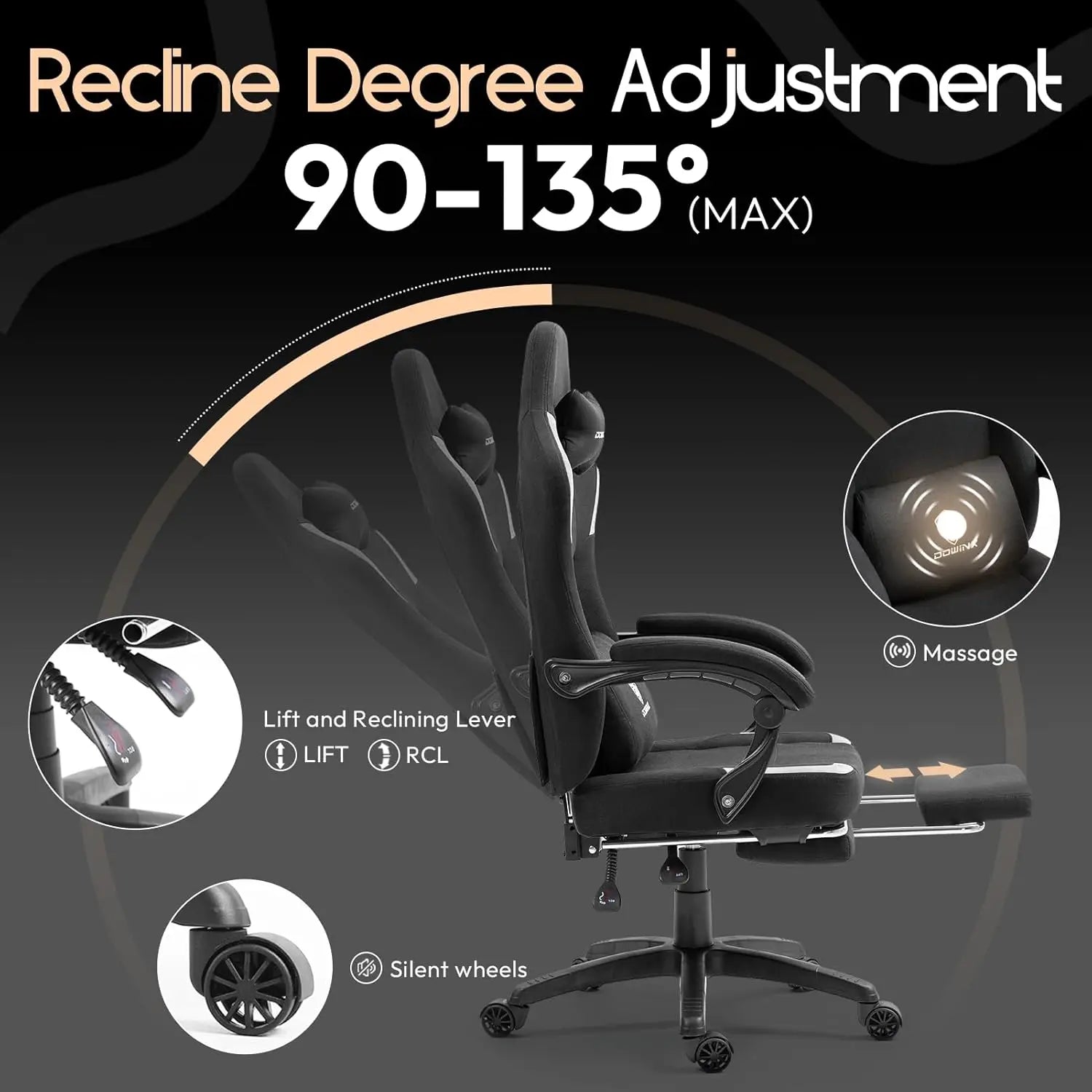 Dowinx Fabric Gaming Chair with Pocket Spring Cushion,Breathable Computer Chair with Massage Lumbar Support and Footrest