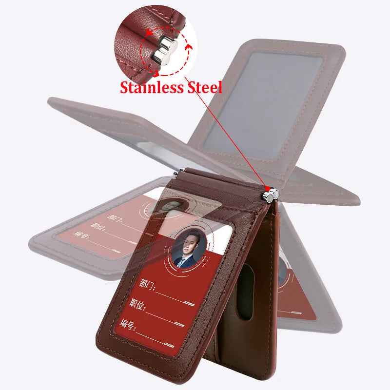 Top Grade Genuine Leather ID Badge Holder Business Cards Holders with Neck Lanyard Formal Staff Magnet Closed ID Card