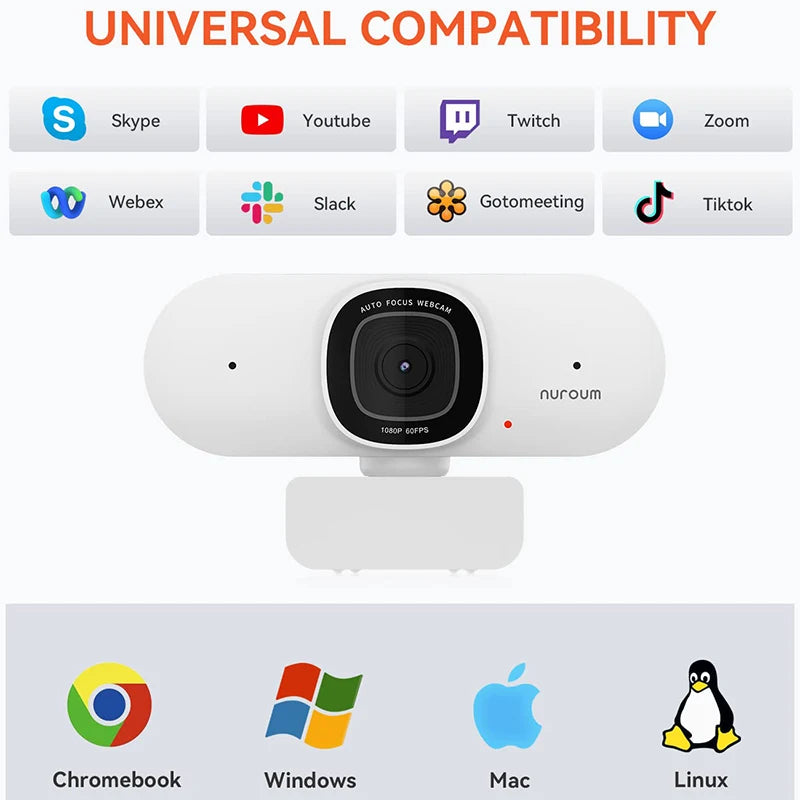 NUROUM V15-AF 75° Wide Angle Webcam 2K Full Hd 30fps with Microphone USB Video Conference Meetting For Laptop Computer